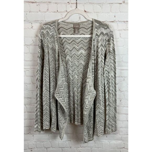 CHICO'S gray zigzag striped knit open front waterfall cardigan sweater 2 L 12-14 - Picture 1 of 7